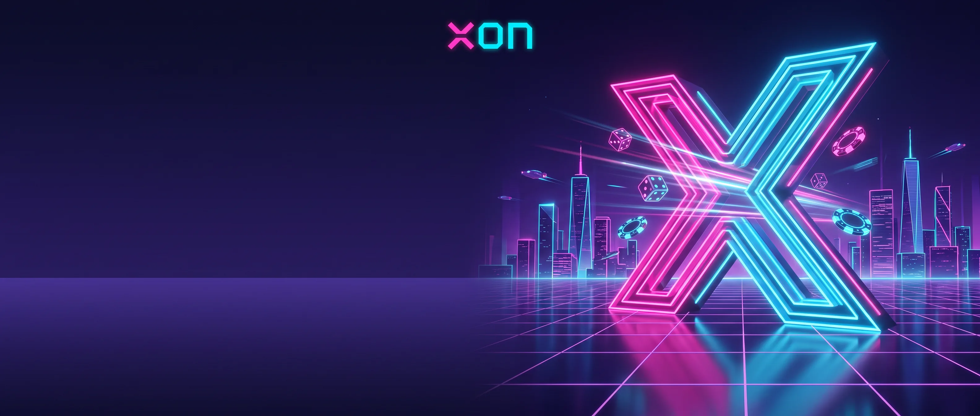 Xon Bet neon cyan and pink X above a synthwave city